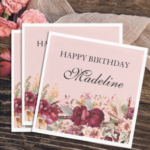 Serviette En Papier Joyeux Anniversaire Fleurs Rose Élégant Bourgogne