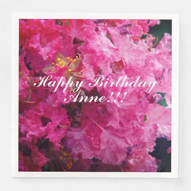 Serviette En Papier Joyeux Anniversaire Fleurs roses Nom personnalisé (Devant)