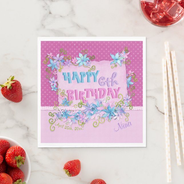 Serviette En Papier Joyeux Anniversaire Floral Rose Violet Points (En situation)