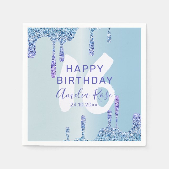 Serviette En Papier Joyeux Anniversaire Glitter Bleu Glacé  (Devant)