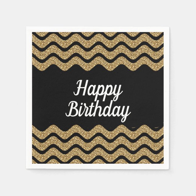 Serviette En Papier Joyeux Anniversaire Gold Et Black Stripes (Devant)