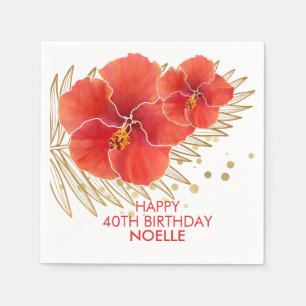 Serviette En Papier Joyeux anniversaire, Hibiscus rouge tropical et fe