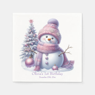 Serviette En Papier Joyeux Anniversaire Hiver Bonhomme de Neige Rose M