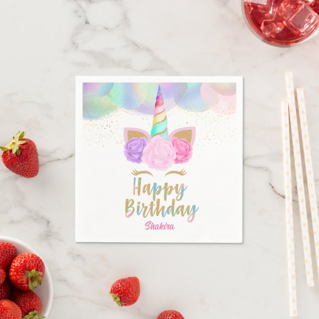 Serviette En Papier Joyeux Anniversaire Licorne  (En situation)