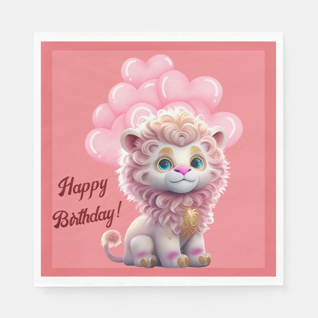 Serviette En Papier Joyeux Anniversaire Lion Rose  (Devant)