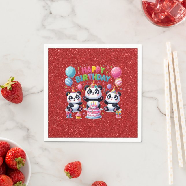 Serviette En Papier Joyeux Anniversaire, Mes Trois Pandas, (En situation)