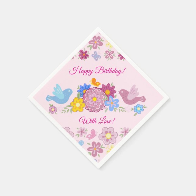 Serviette En Papier Joyeux Anniversaire Motif Oiseaux du Jardin Fleurs (Coin)