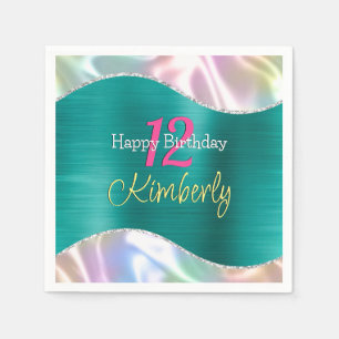 Serviette En Papier Joyeux Anniversaire, Nom Âge Iridescent & Vague Aq