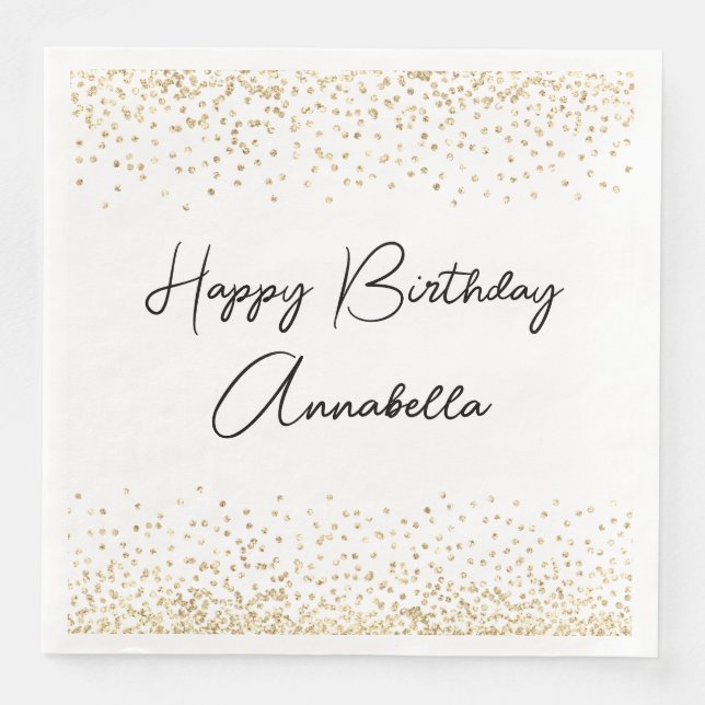 Serviette En Papier Joyeux Anniversaire Nom Élégant Script Paillettes  (Devant)