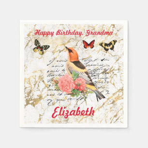 Serviette En Papier Joyeux Anniversaire Oiseau Vintage, Fleurs Ancien 
