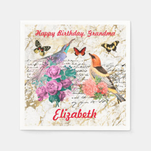 Serviette En Papier Joyeux Anniversaire, Oiseaux Vintage, Fleurs Lettr