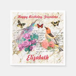 Serviette En Papier Joyeux anniversaire, oiseaux Vintages, fleurs viei