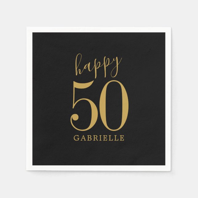 Serviette En Papier Joyeux Anniversaire Or Noir Nom d'âge personnalisé (Devant)