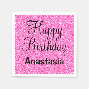 Serviette En Papier Joyeux Anniversaire Paillettes Rose Chaud Nom Glam