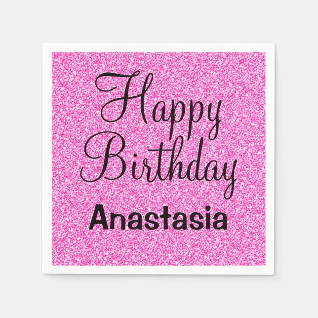 Serviette En Papier Joyeux Anniversaire Paillettes Rose Chaud Nom Glam (Devant)