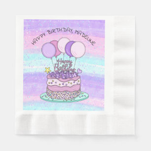 Serviette En Papier Joyeux anniversaire personnalisé rose et violet