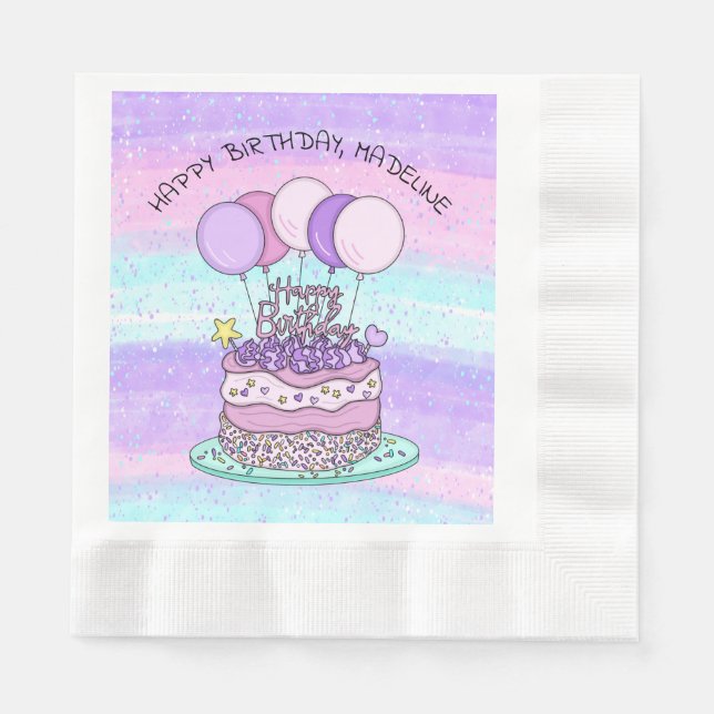 Serviette En Papier Joyeux anniversaire personnalisé rose et violet (Devant)