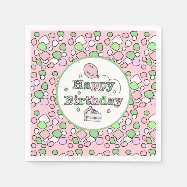 Serviette En Papier Joyeux anniversaire rose et vert (Devant)