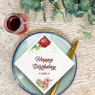 Serviette En Papier Joyeux Anniversaire Rose Fleurale Rouge Or Vintage