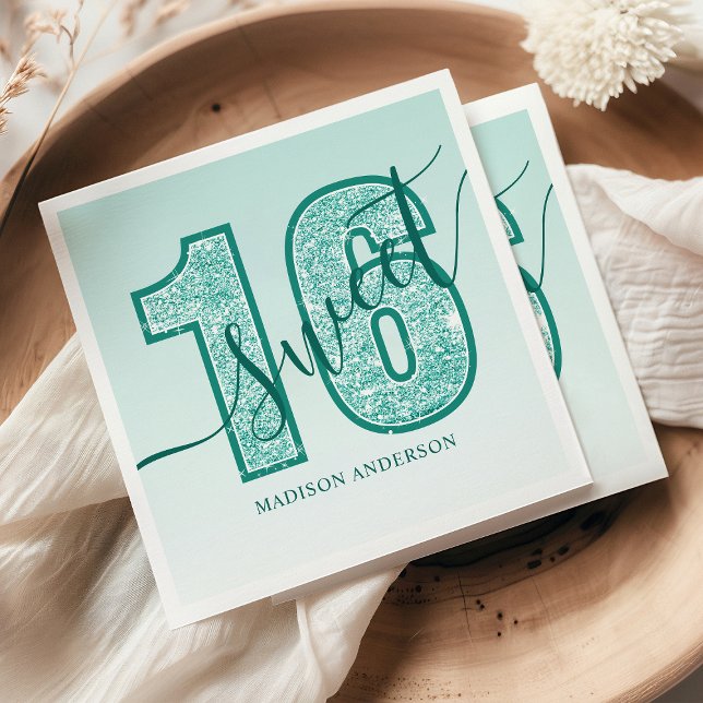 Serviette En Papier Joyeux Anniversaire Script Pailleté Aqua Sarcelle  (Créateur téléchargé)