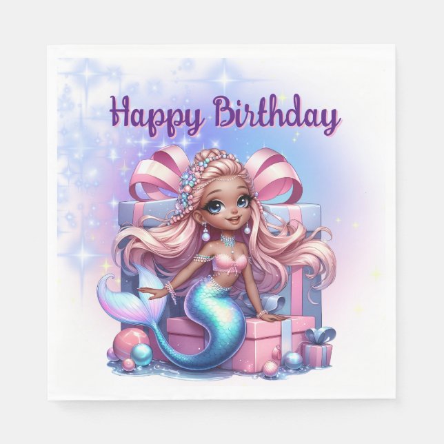 Serviette En Papier Joyeux Anniversaire Sirène  (Devant)