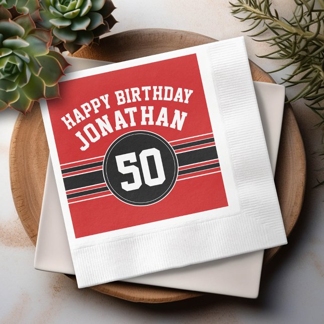 Serviette En Papier Joyeux Anniversaire Sports avec l'âge - Rouge Noir (Custom Party Napkins)