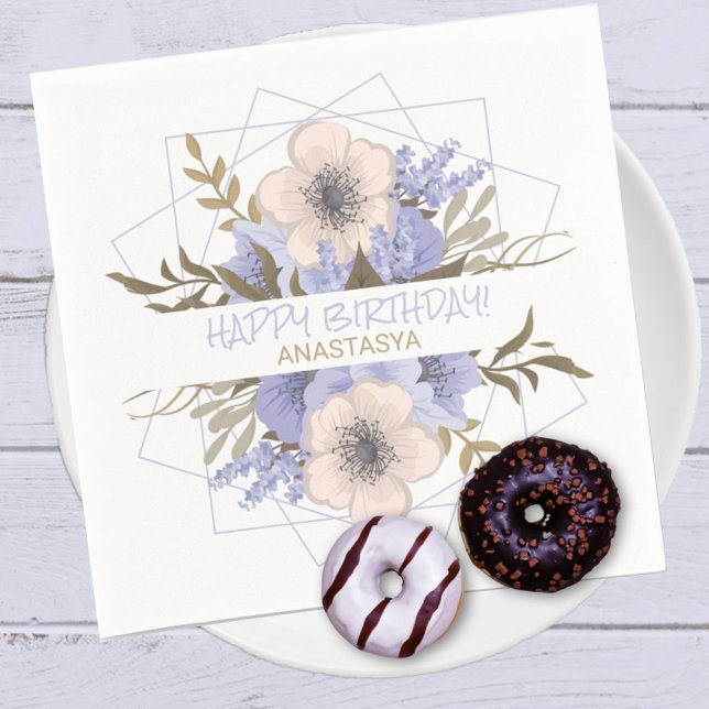 Serviette En Papier Joyeux Anniversaire Violet Pastel Cinq Pétales Ros (Easily personalize this wild rose designed paper napkin for a birthday or other occasion.)