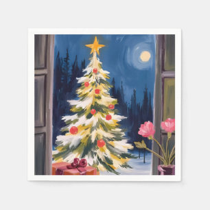 Serviette En Papier Joyeux Arbre de Noël Aquarelle Fêtes