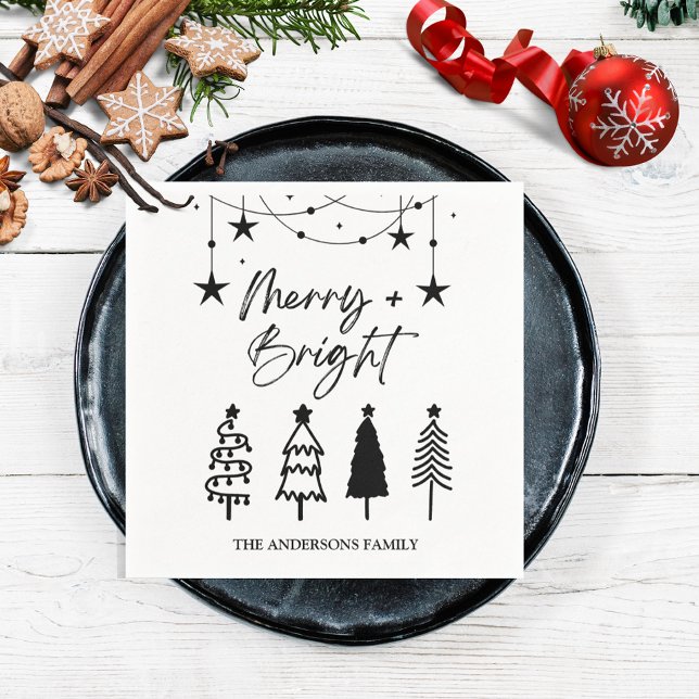 Serviette En Papier Joyeux Bright Élégant Script Pine Arbres Noël (Créateur téléchargé)