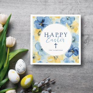 Serviette En Papier Joyeux Brunch de Pâques Croix Florale Bleu religie