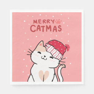 Serviette En Papier Joyeux Catmass Amateur de Chat Rose Fête Joyeux No