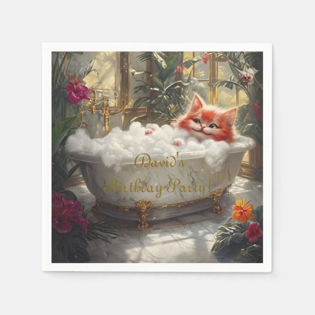 Serviette En Papier Joyeux Chat Rouge Dans Bain De Luxe - Fête Anniver (Devant)