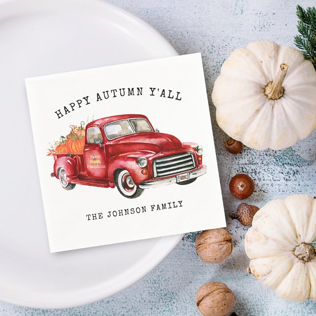 Serviette En Papier Joyeux Citrouilles de Camion Rouge Automne Personn (Happy Autumn Red Truck Pumpkins Personalized Napkins)