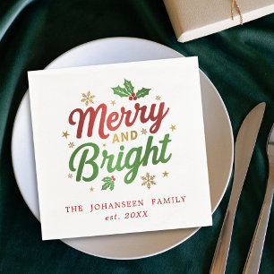 Serviette En Papier Joyeux et brillants Noël Rouge et Vert Typographie