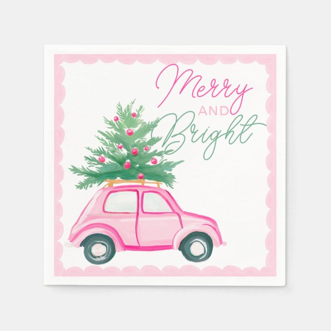 Serviette En Papier Joyeux et rose vif Noël de voiture Arbre de Noël (Devant)