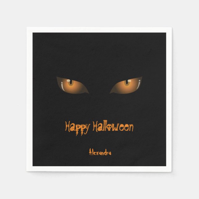 Serviette En Papier Joyeux Halloween | Black Orange Cat Eyes (Devant)