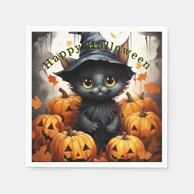 Serviette En Papier Joyeux Halloween Chat Noir Citrouilles (Devant)