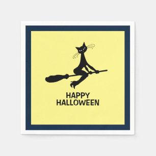 Serviette En Papier Joyeux Halloween, Chat Sur Broomstick