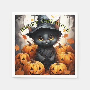 Serviette En Papier Joyeux Halloween Citrouilles Chat Noir