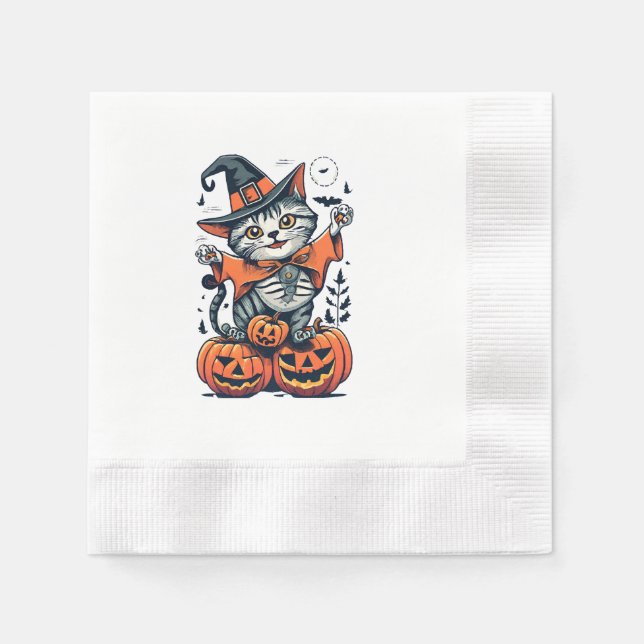 Serviette En Papier Joyeux Halloween Sorcière Chat (Devant)