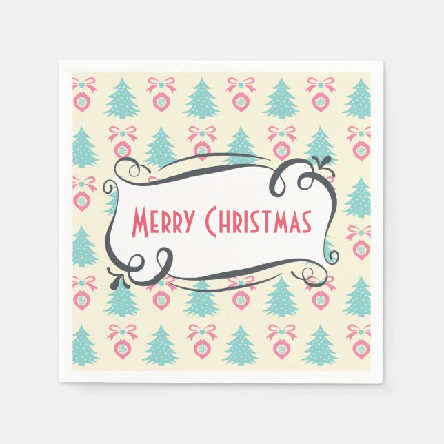 Serviette En Papier Joyeux Motif de Noël avec Arbres Baubles & Bows (Devant)