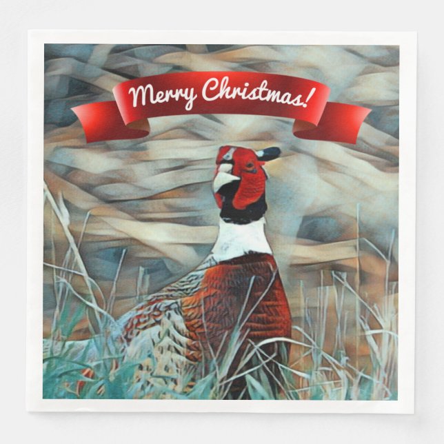 Serviette En Papier Joyeux Noël Aquarelle Col Ring Pheasant (Devant)