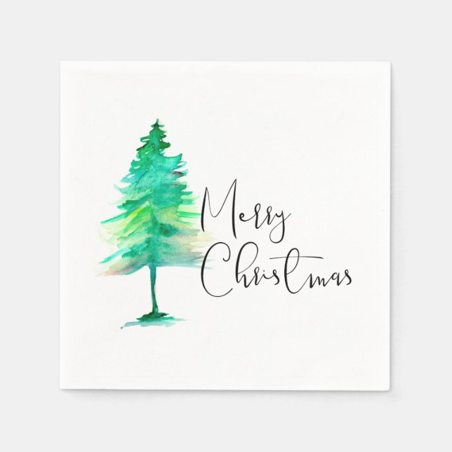 Serviette En Papier Joyeux Noël, Aquarelle-pinetree traits verts (Devant)