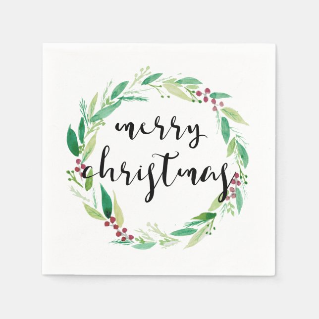 Serviette En Papier Joyeux Noël Aquarelle Wreath Élégant Chic (Devant)