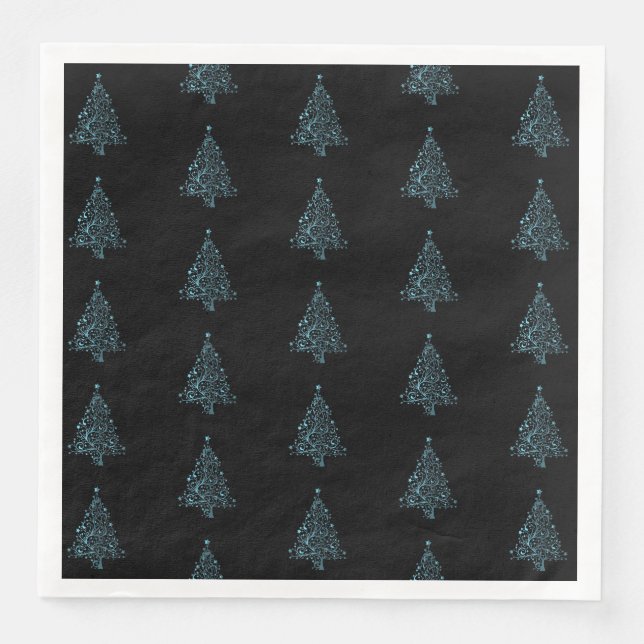 Serviette En Papier Joyeux Noël Arbre Motif Bleu Noir Élégant (Devant)