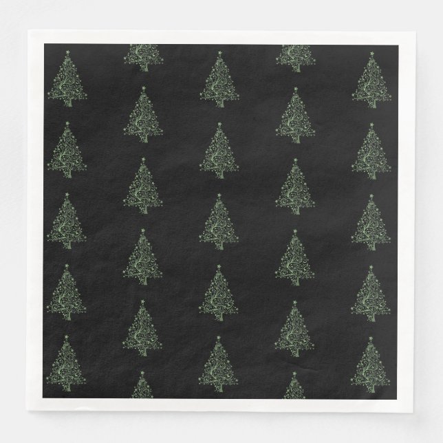 Serviette En Papier Joyeux Noël Arbre Motif Vert Noir Élégant (Devant)