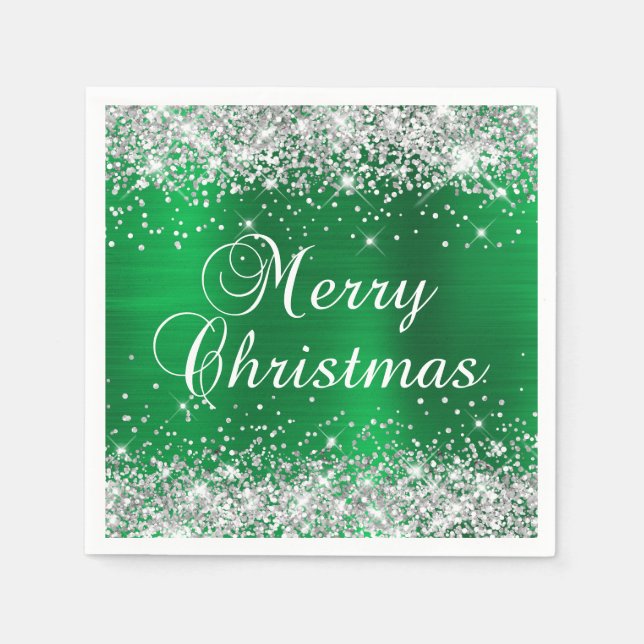 Serviette En Papier Joyeux Noël argent et vert pailleté (Devant)