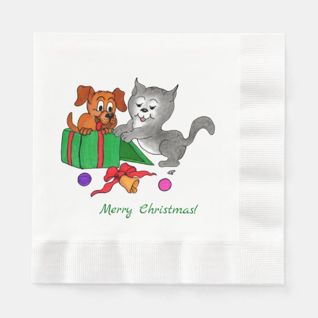 Serviette En Papier Joyeux Noël avec chat et chien (Devant)
