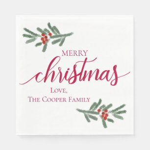 Serviette En Papier Joyeux Noël - Baies de houx, épinette