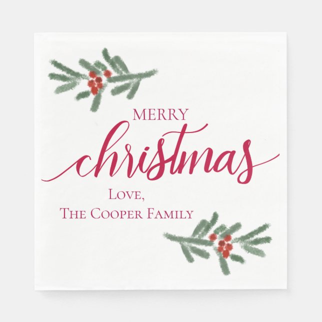 Serviette En Papier Joyeux Noël - Baies de houx, épinette  (Devant)